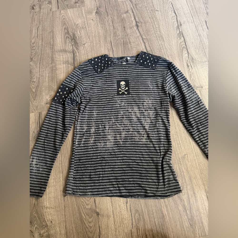 Vintage Shrine Of Hollywood Long Sleeve Striped Skull 90’s Goth Pick Rock Y2K L